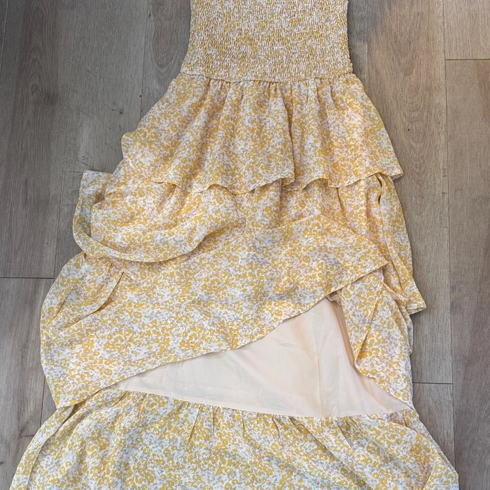 Smocked Flowy Yellow Floral Strapless Maxi Dress - Picture 4 of 8